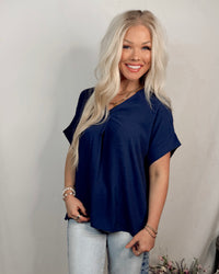 Timeless Touch V Neck Drop Sleeve Top - Indigo Navy