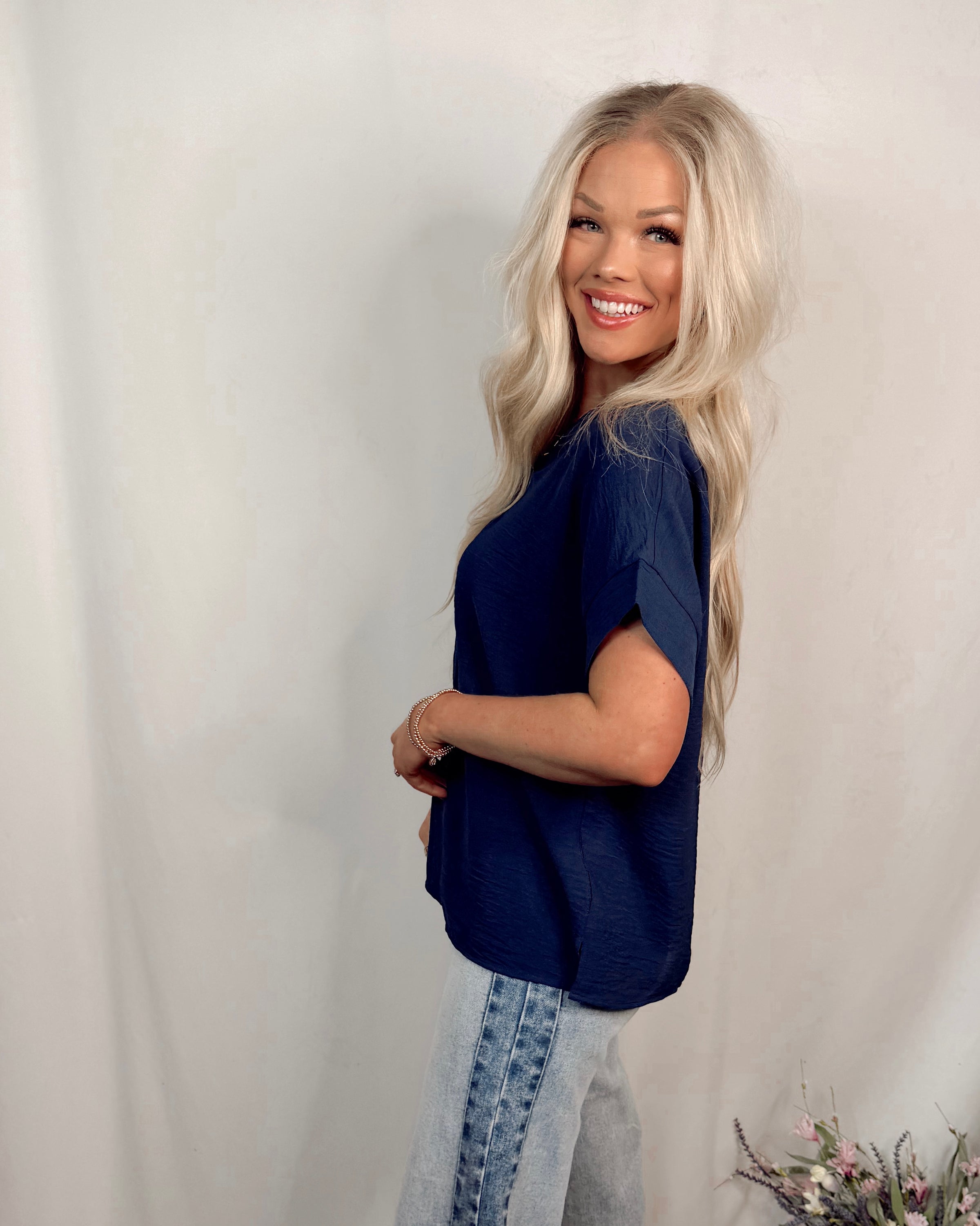 Timeless Touch V Neck Drop Sleeve Top - Indigo Navy