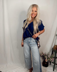 Timeless Touch V Neck Drop Sleeve Top - Indigo Navy