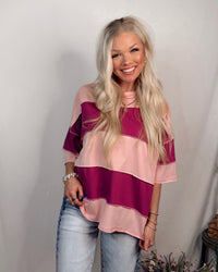 Valley Vintage Distressed Style Oversized Striped Top in Magenta Mauve