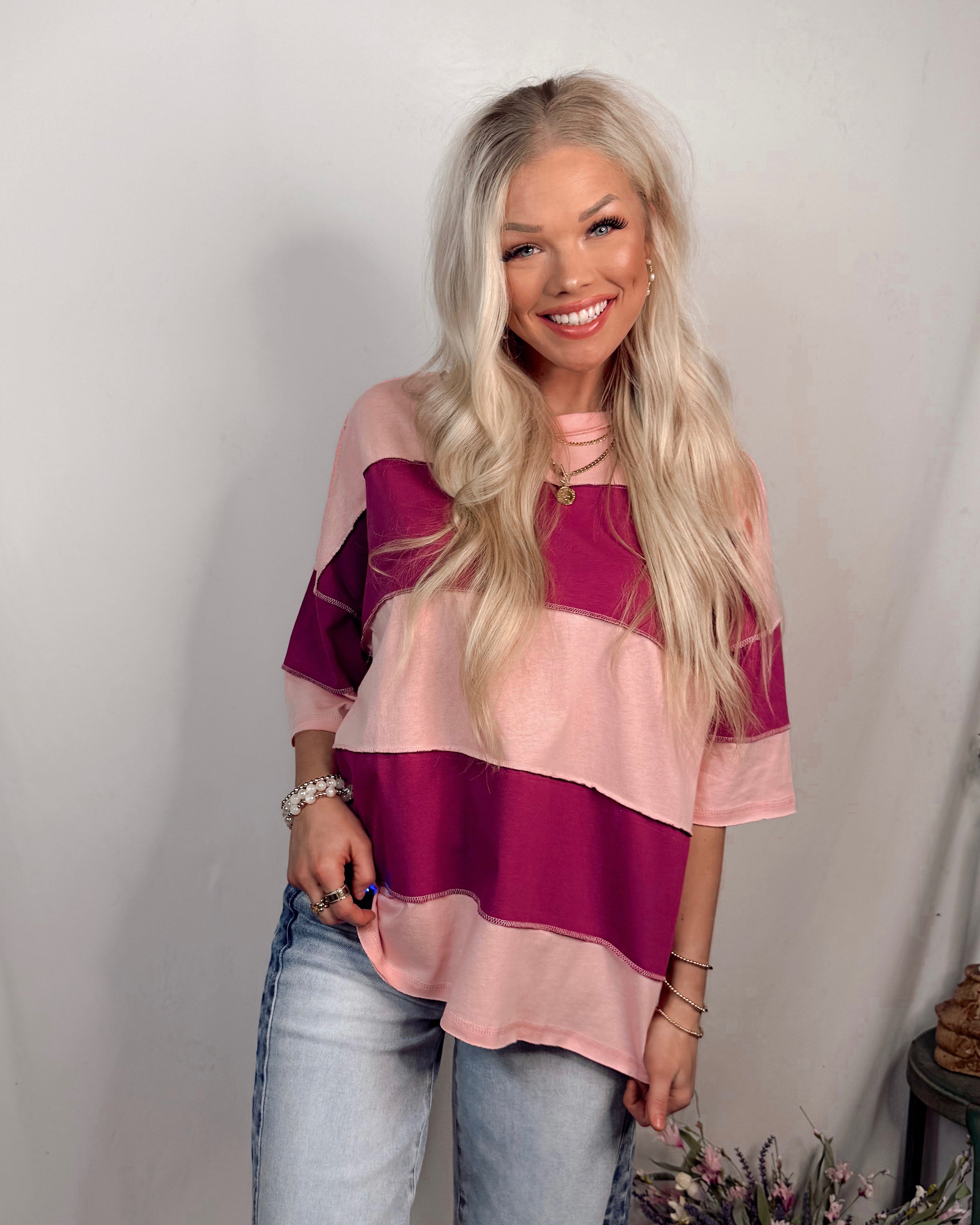 Valley Vintage Distressed Style Oversized Striped Top in Magenta Mauve