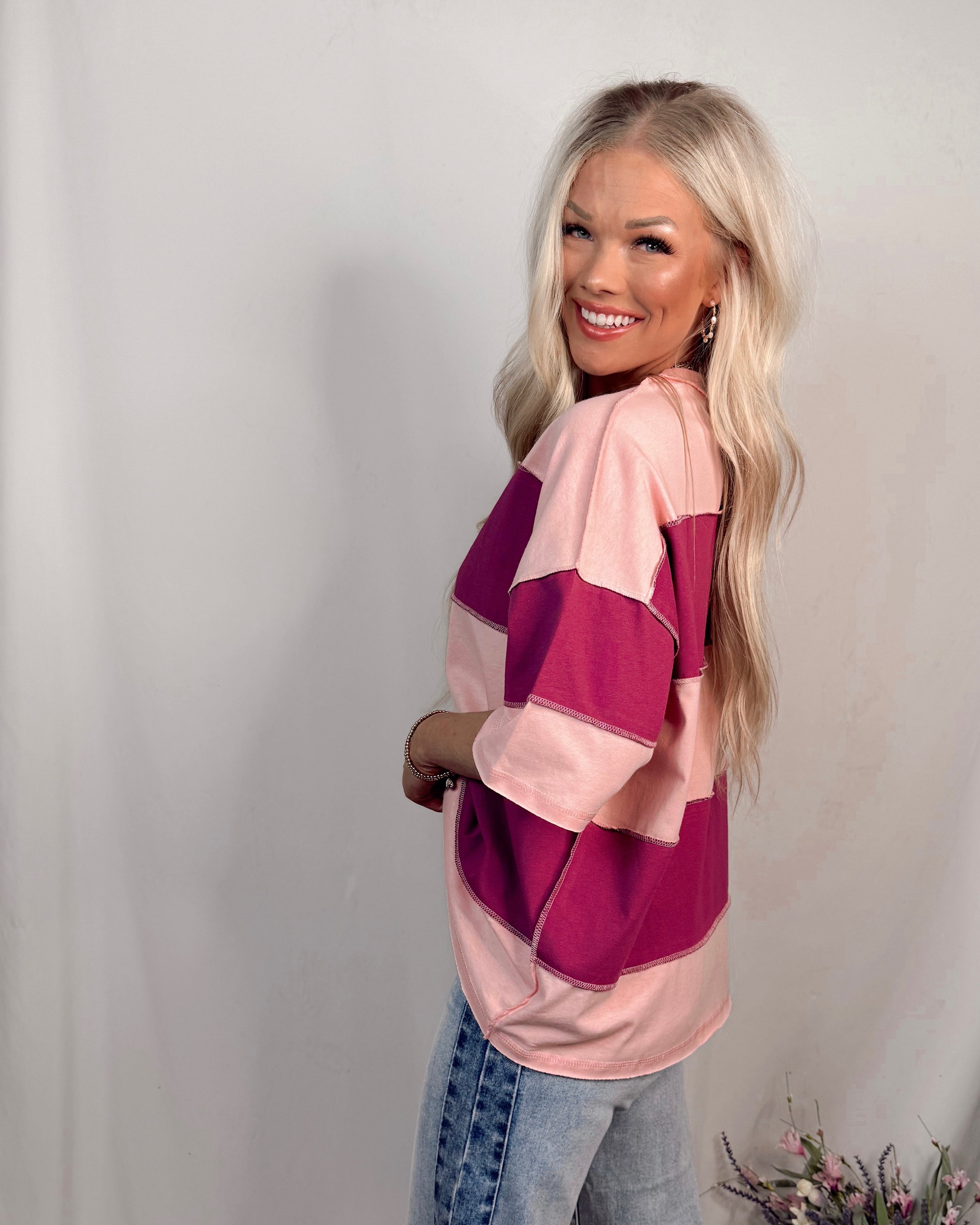 Valley Vintage Distressed Style Oversized Striped Top in Magenta Mauve