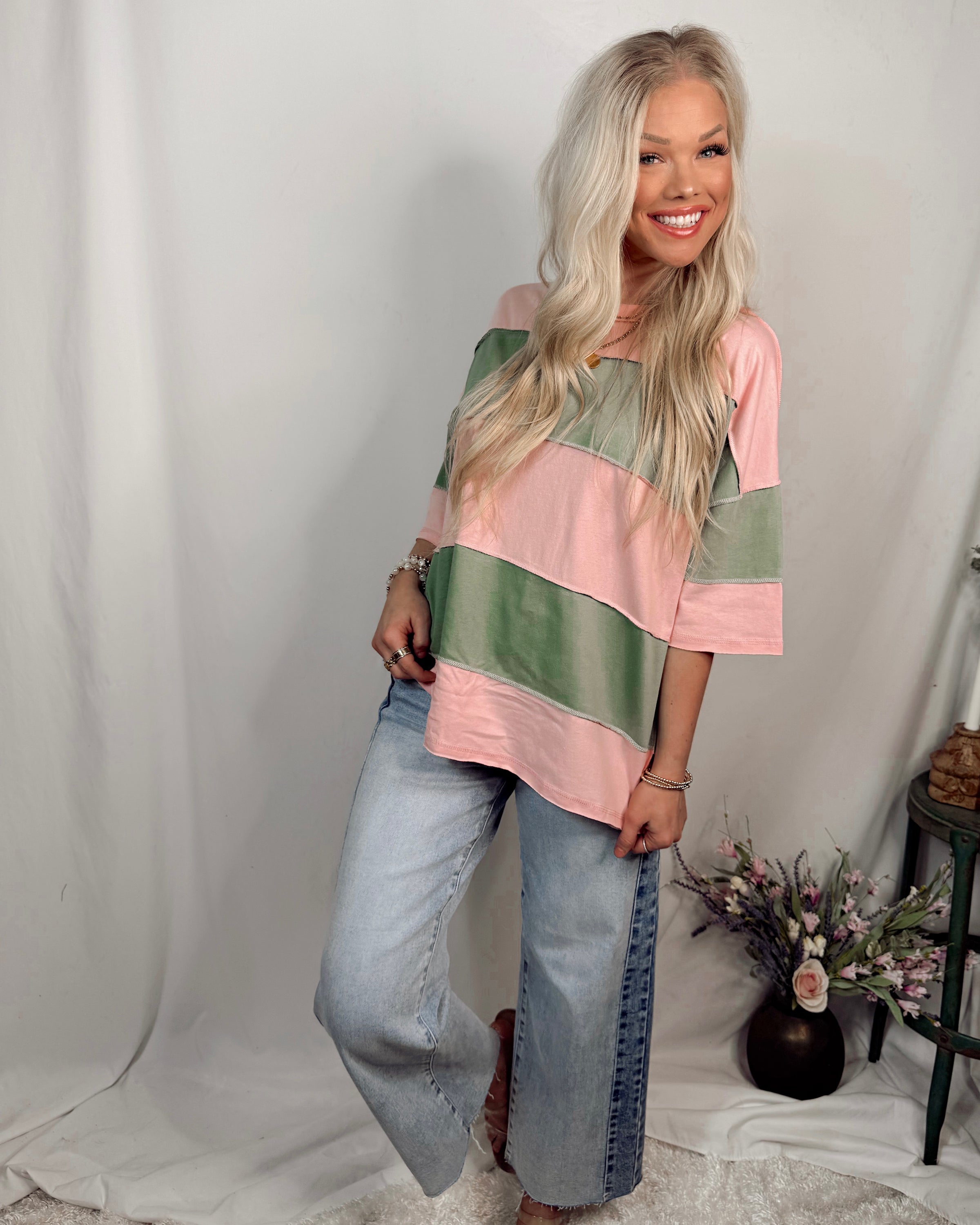 Valley Vintage Distressed Style Oversized Striped Top in Pink + Green
