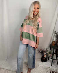Valley Vintage Distressed Style Oversized Striped Top in Pink + Green