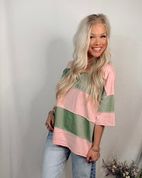 Valley Vintage Distressed Style Oversized Striped Top in Pink + Green