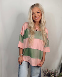 Valley Vintage Distressed Style Oversized Striped Top in Pink + Green