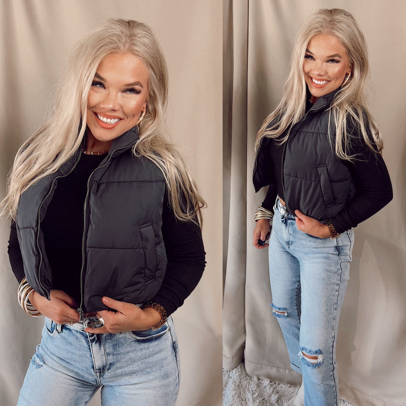 Cool To Be Casual Cropped Puffer Vest- Black