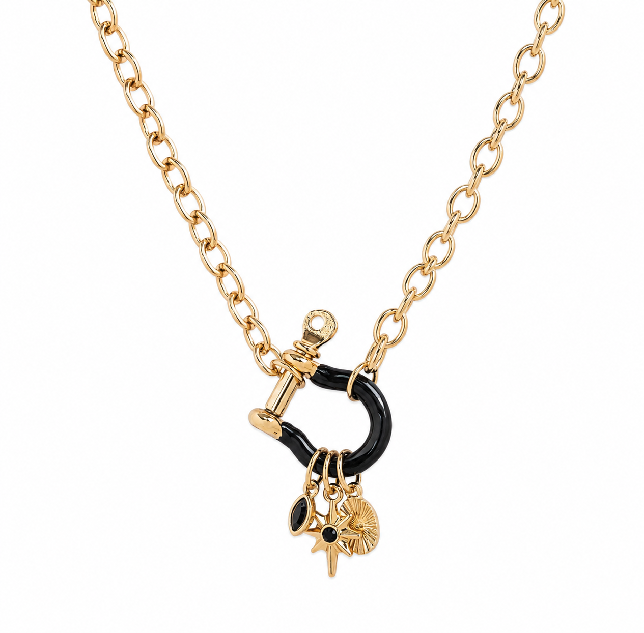 Equestrian Chic Enamel Horsebit Carabiner 3 Charm Necklace - Black