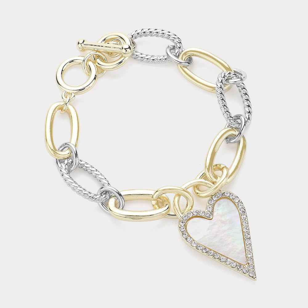 14K Gold Plated Mixed Metals Mother of Pearl Heart Bracelet