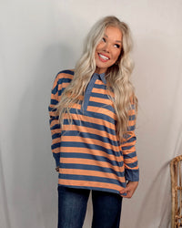 Preppy Polo Oversized Striped Long Sleeve Top In Coral + Denim Blue