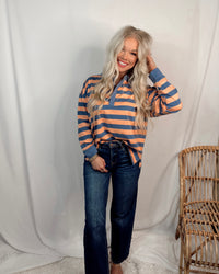 Preppy Polo Oversized Striped Long Sleeve Top In Coral + Denim Blue