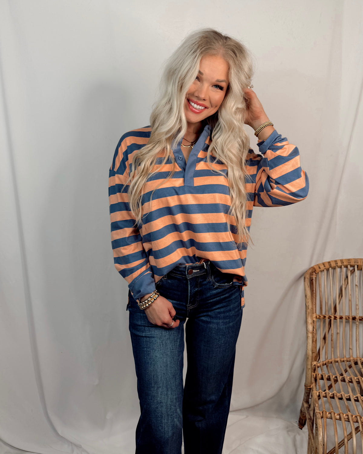 Preppy Polo Oversized Striped Long Sleeve Top In Coral + Denim Blue