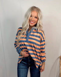 Preppy Polo Oversized Striped Long Sleeve Top In Coral + Denim Blue