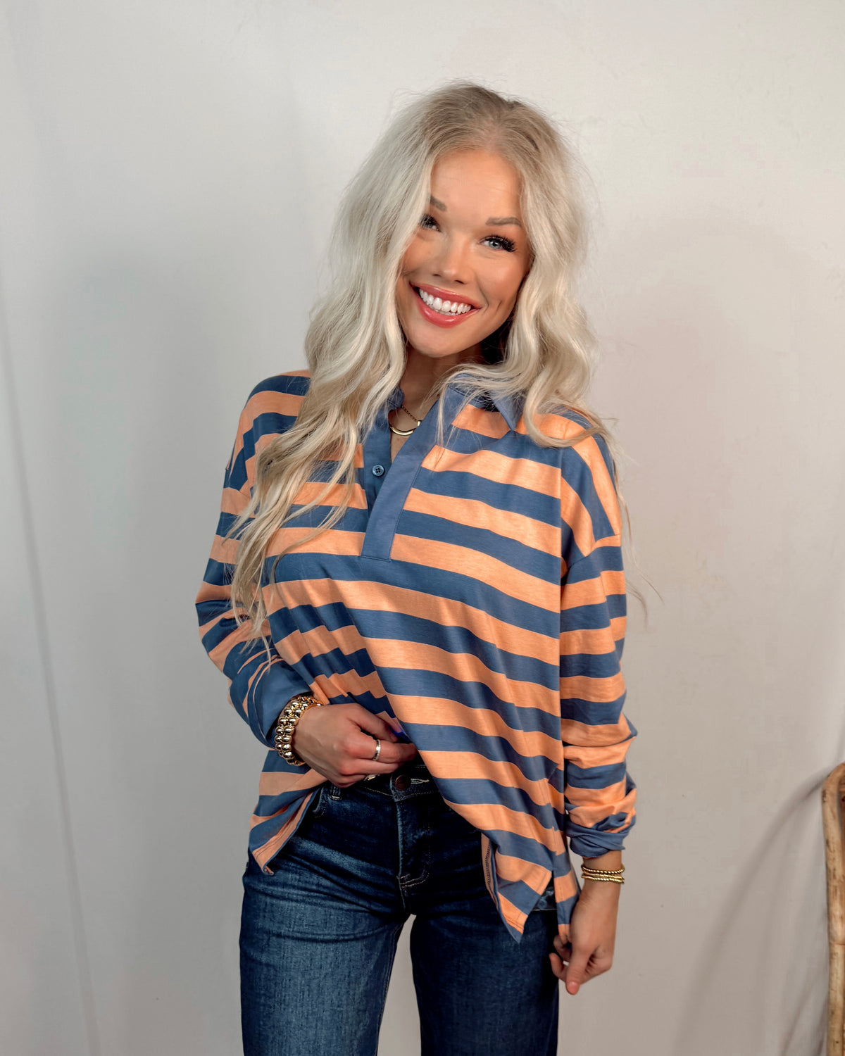 Preppy Polo Oversized Striped Long Sleeve Top In Coral + Denim Blue