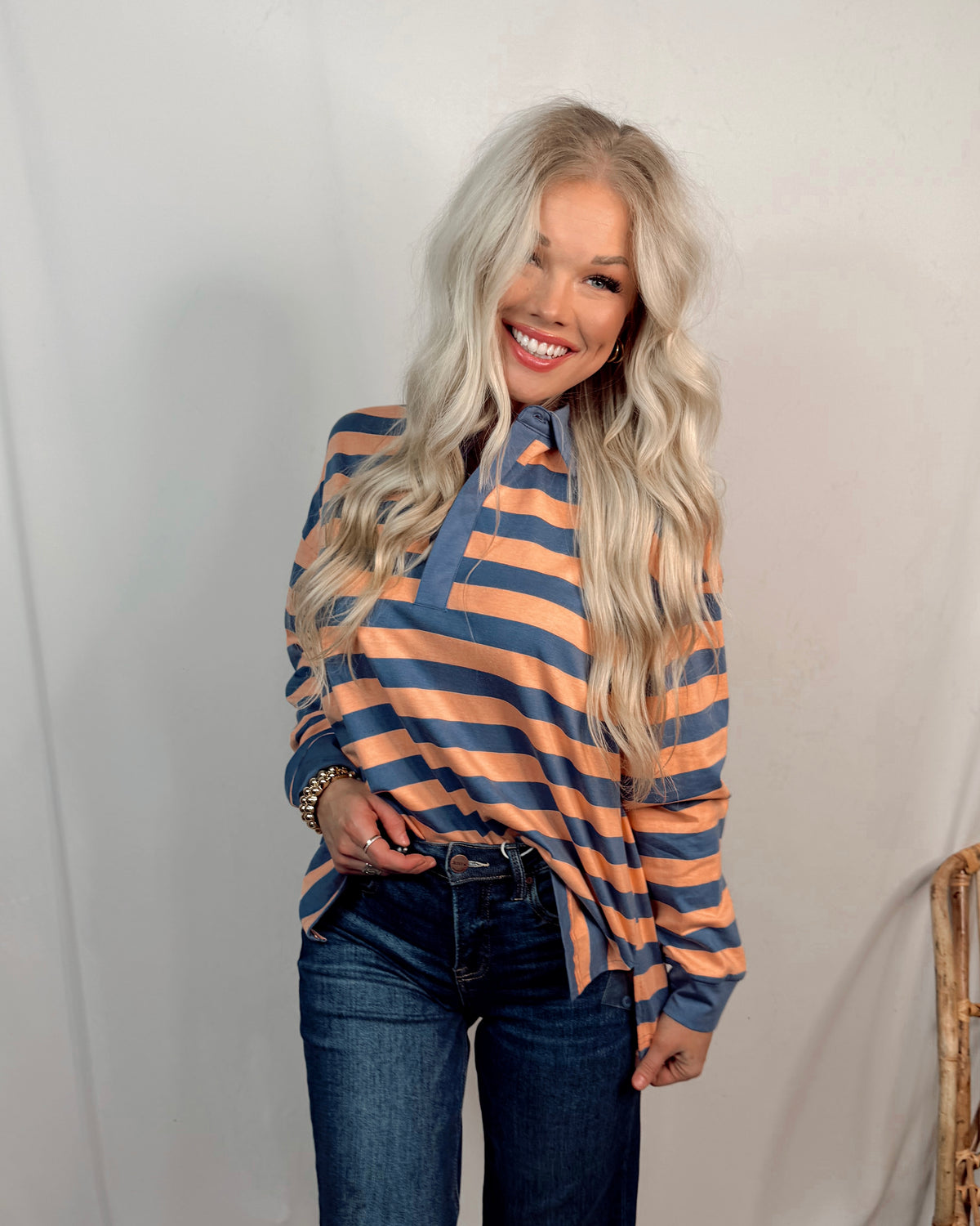 Preppy Polo Oversized Striped Long Sleeve Top In Coral + Denim Blue