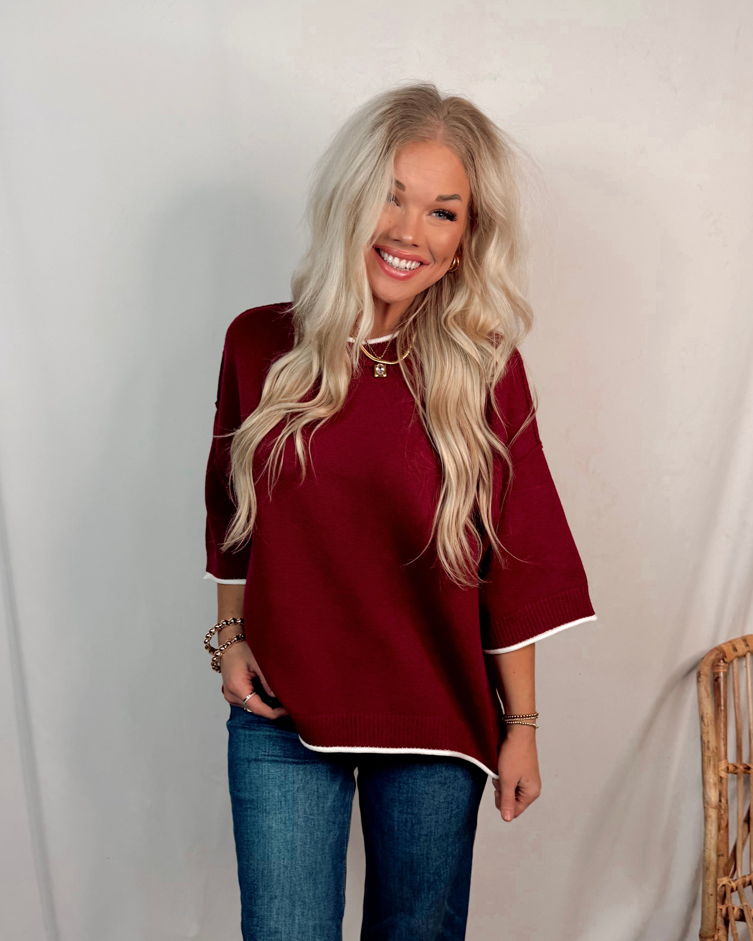 Classic Contrast Knit Oversized Top - Maroon/White