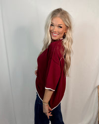 Classic Contrast Knit Oversized Top - Maroon/White