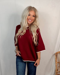 Classic Contrast Knit Oversized Top - Maroon/White