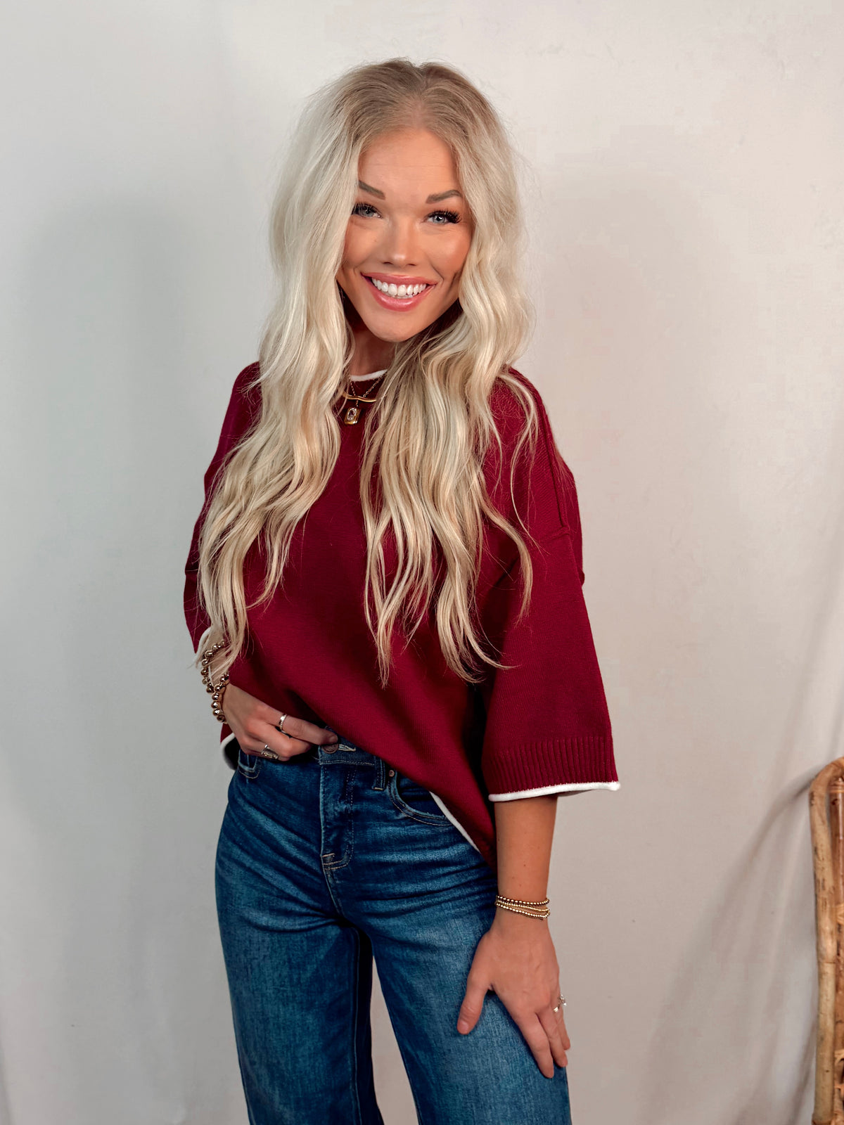 Classic Contrast Knit Oversized Top - Maroon/White