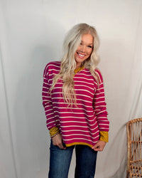 This & That Oversized Striped Knit Sweater - Magenta