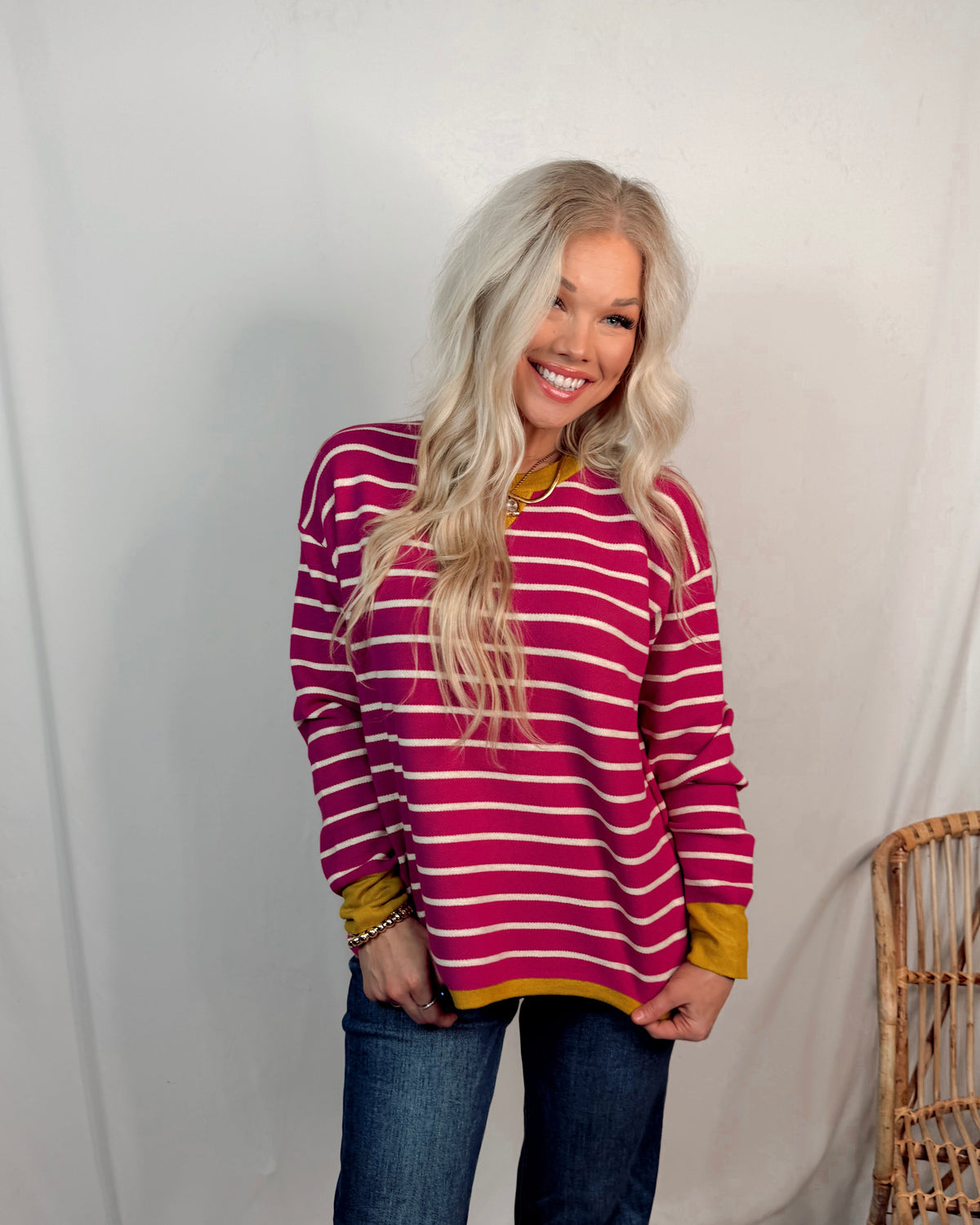 This & That Oversized Striped Knit Sweater - Magenta