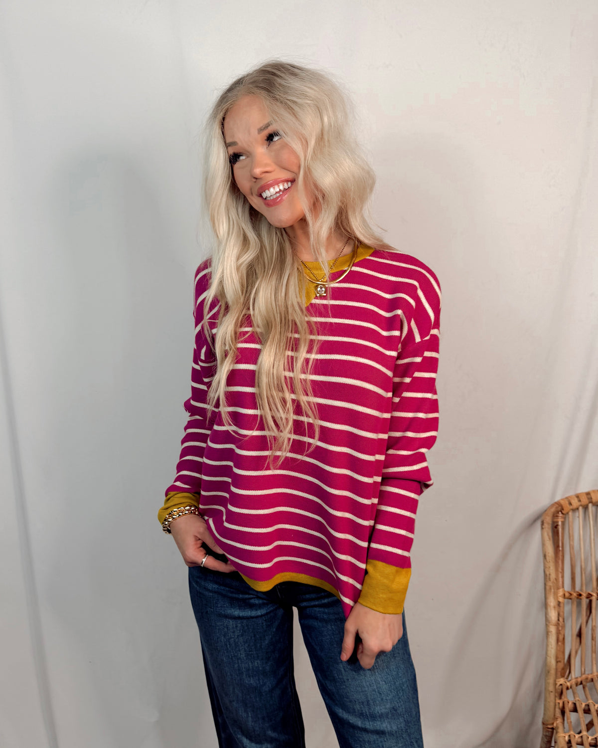 This & That Oversized Striped Knit Sweater - Magenta