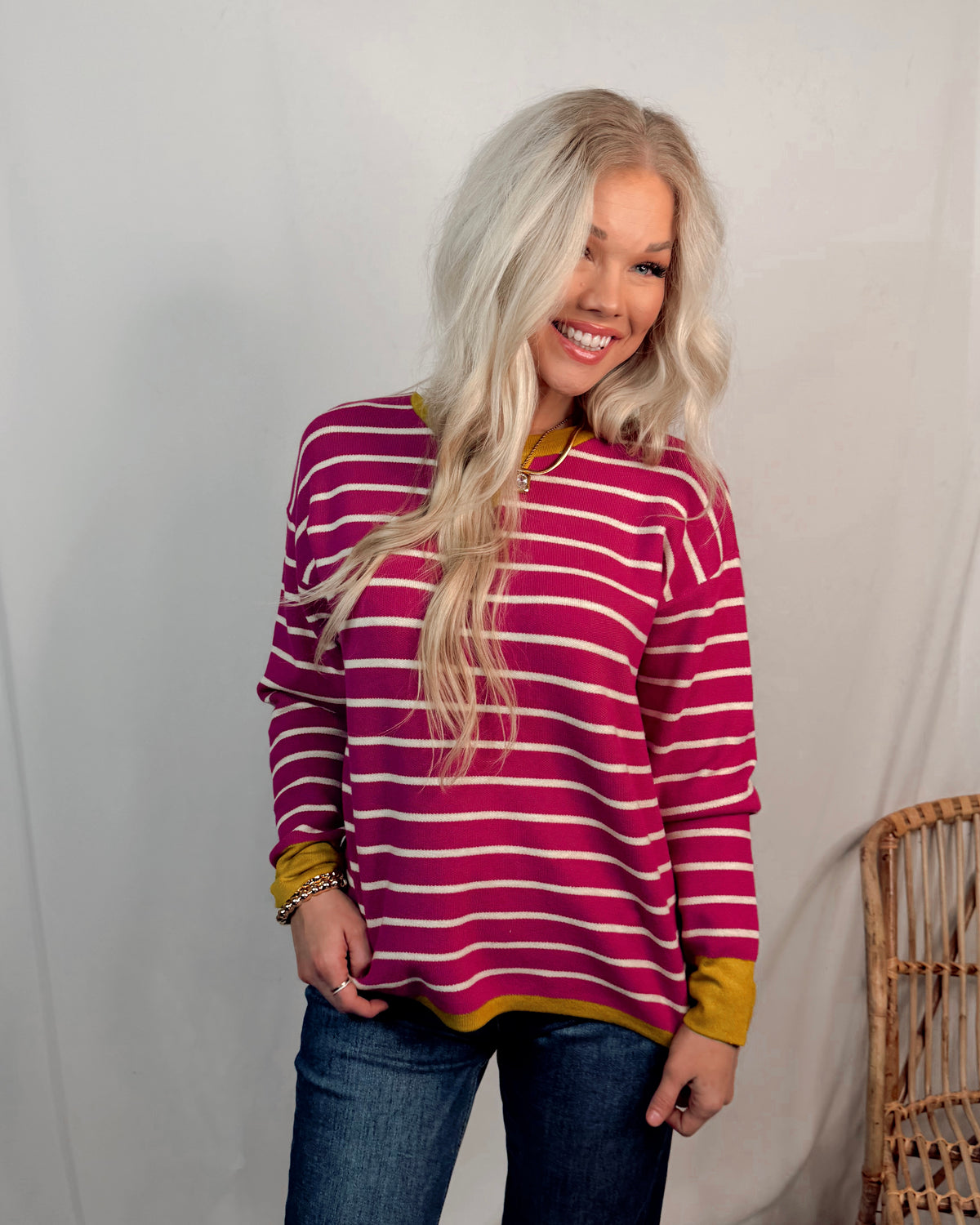 This & That Oversized Striped Knit Sweater - Magenta