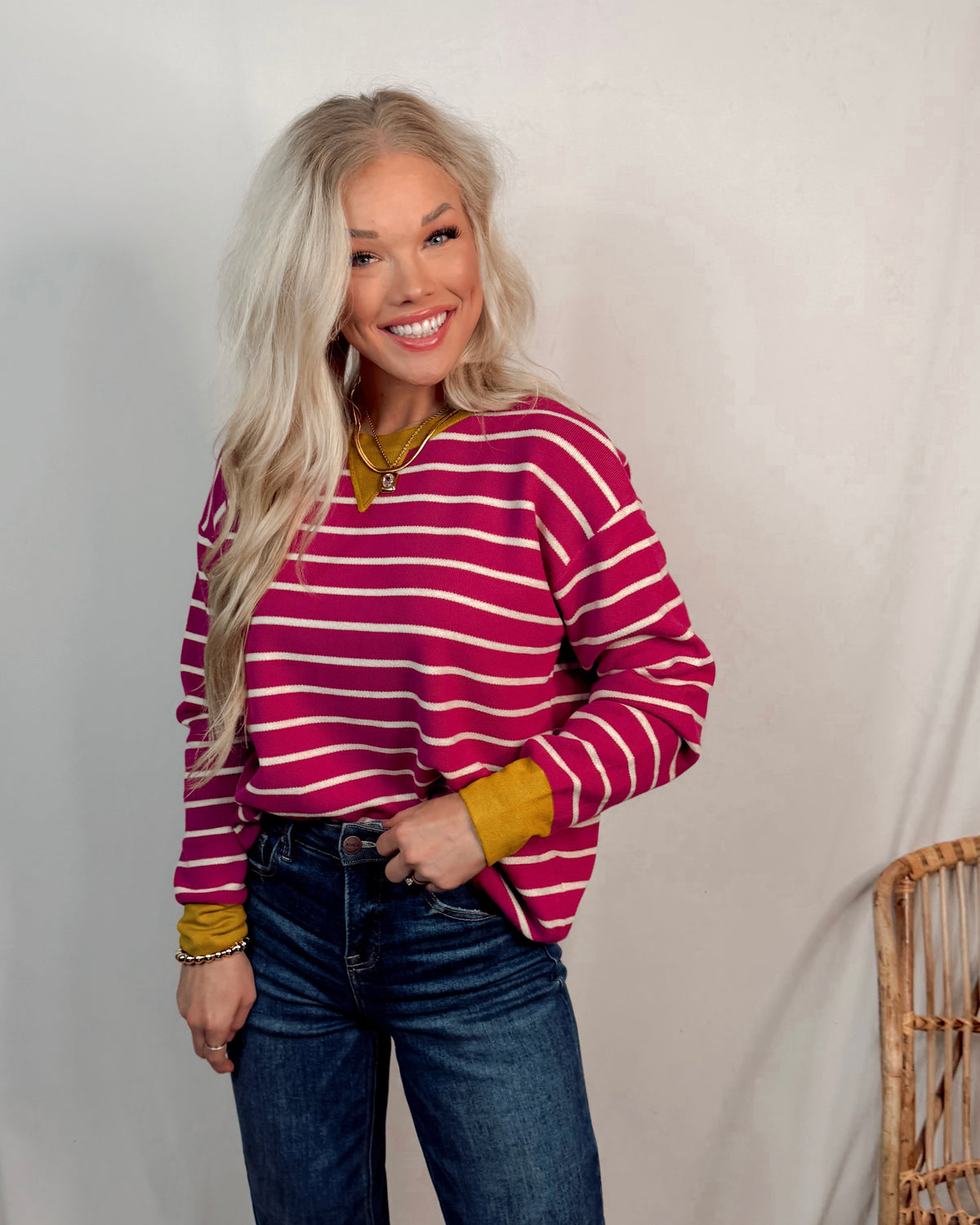 This & That Oversized Striped Knit Sweater - Magenta