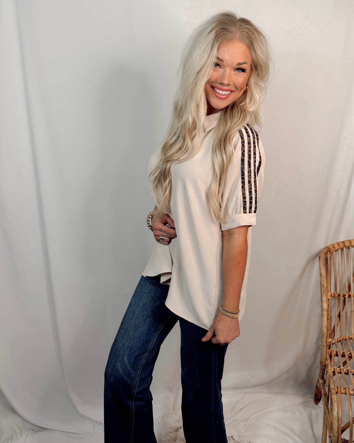 Courtside Chic Leopard Lined Collared Blouse