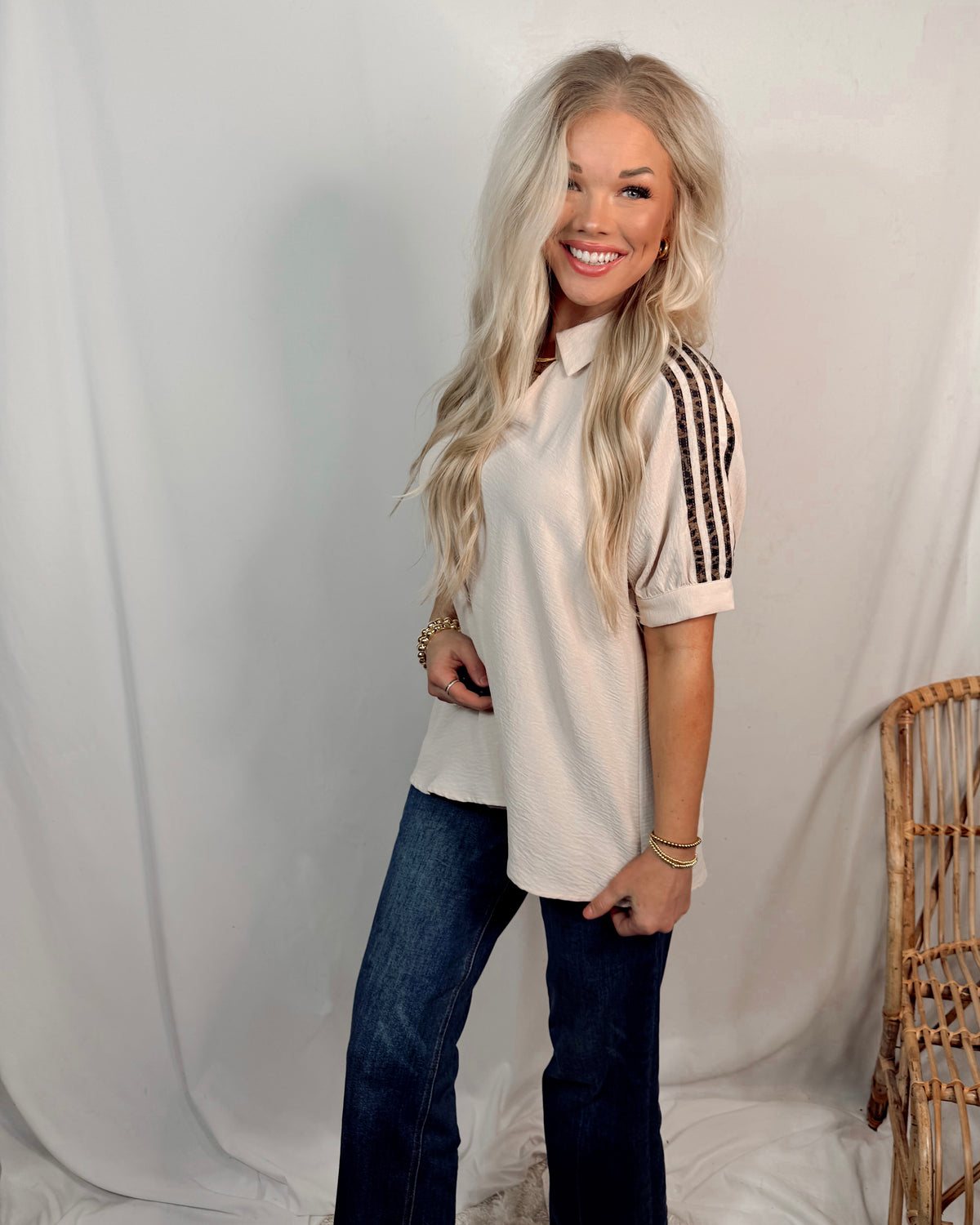 Courtside Chic Leopard Lined Collared Blouse
