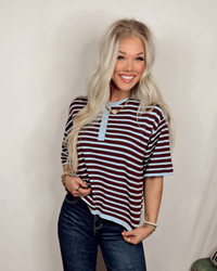 Simply Said Striped Knit Short Sleeve Sweater - Brown/Blue Mix