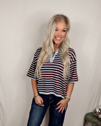 Simply Said Striped Knit Short Sleeve Sweater - Brown/Blue Mix
