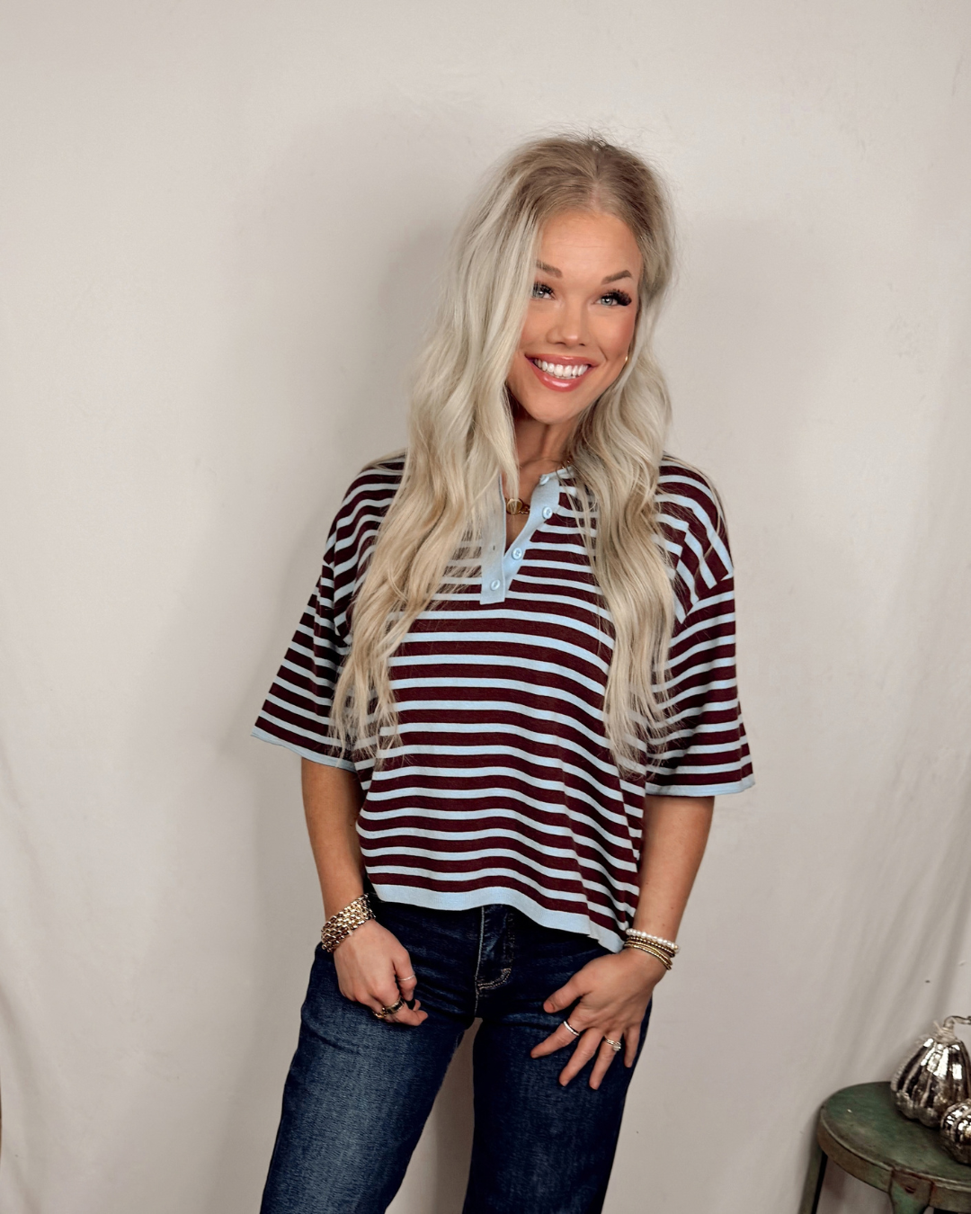 Simply Said Striped Knit Short Sleeve Sweater - Brown/Blue Mix