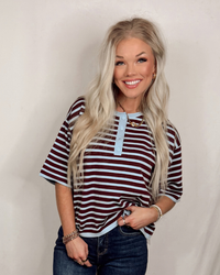 Simply Said Striped Knit Short Sleeve Sweater - Brown/Blue Mix