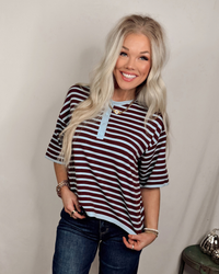 Simply Said Striped Knit Short Sleeve Sweater - Brown/Blue Mix