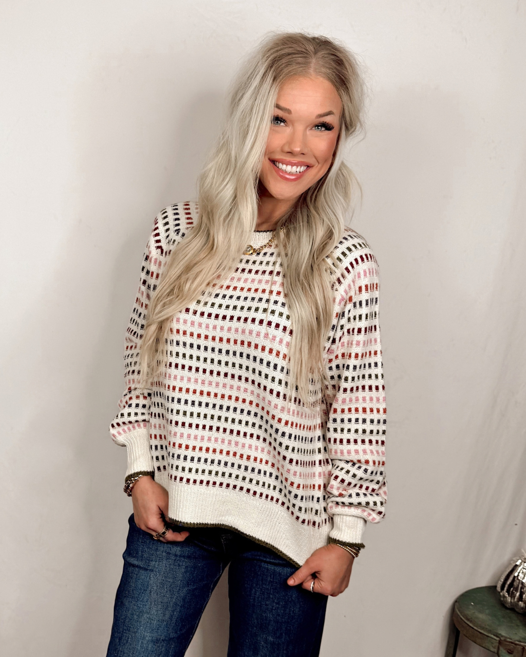 Cozy Confetti Texture Striped Knit Sweater - Ivory