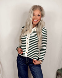 Classic Club Ribbed Striped Polo Knit Top - Dark Green