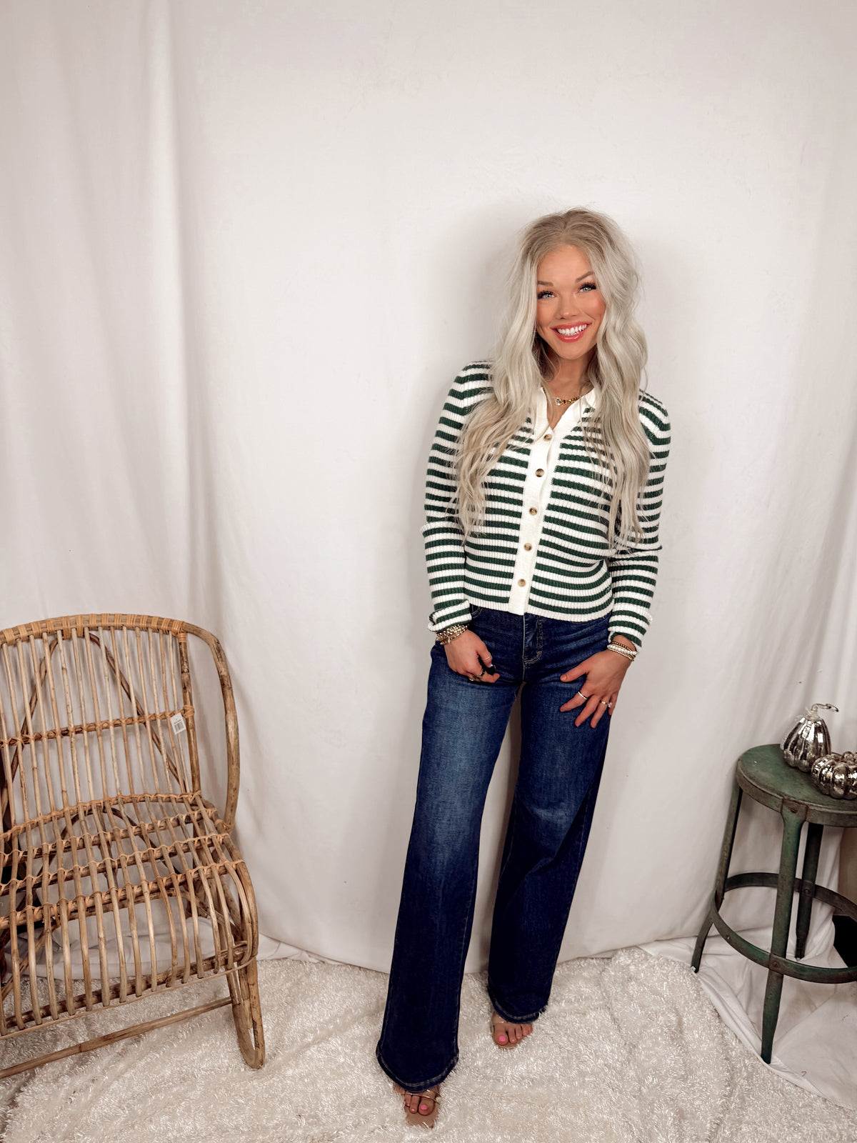 Classic Club Ribbed Striped Polo Knit Top - Dark Green