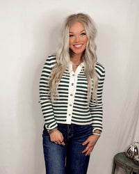 Classic Club Ribbed Striped Polo Knit Top - Dark Green