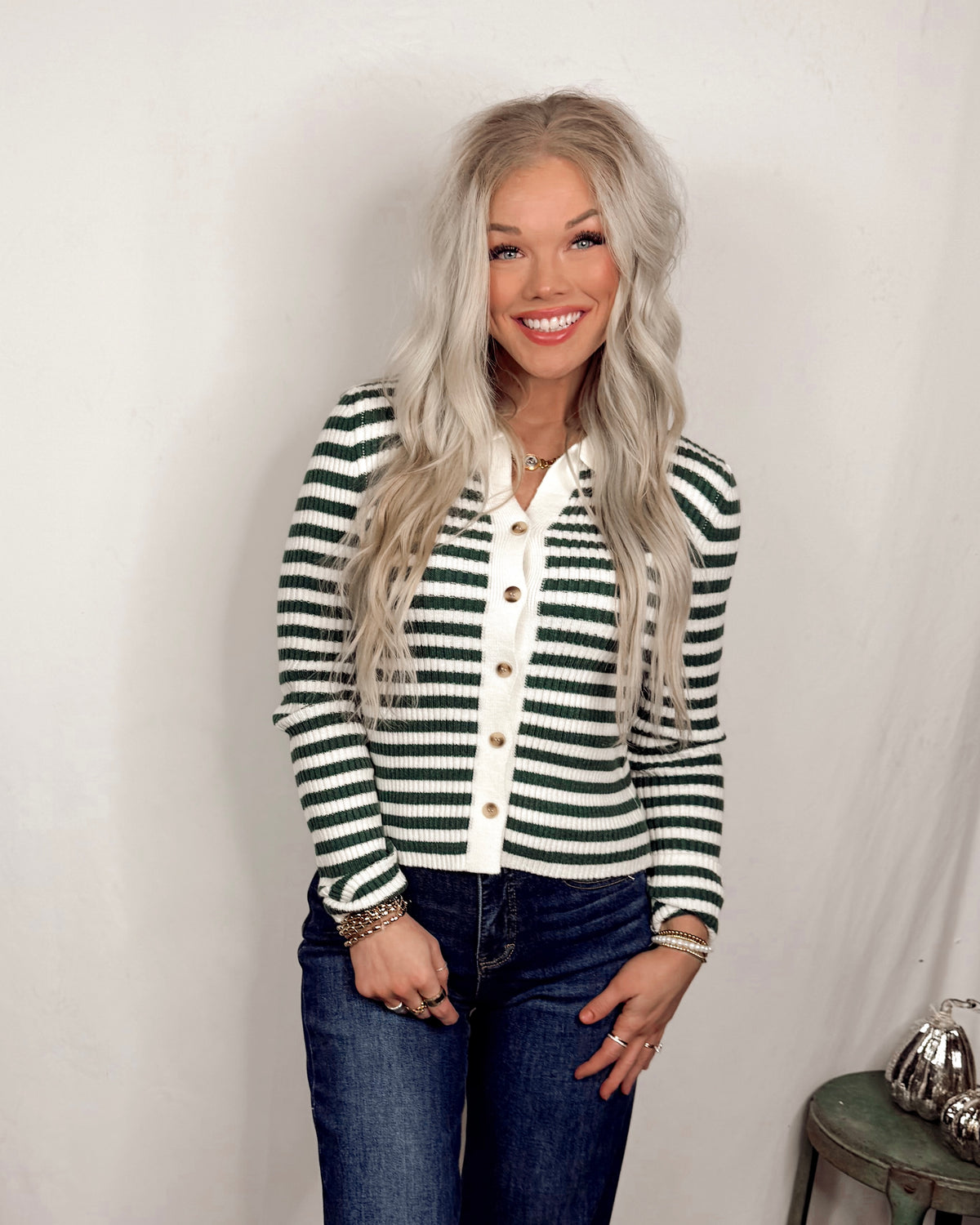 Classic Club Ribbed Striped Polo Knit Top - Dark Green