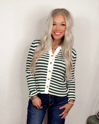 Classic Club Ribbed Striped Polo Knit Top - Dark Green