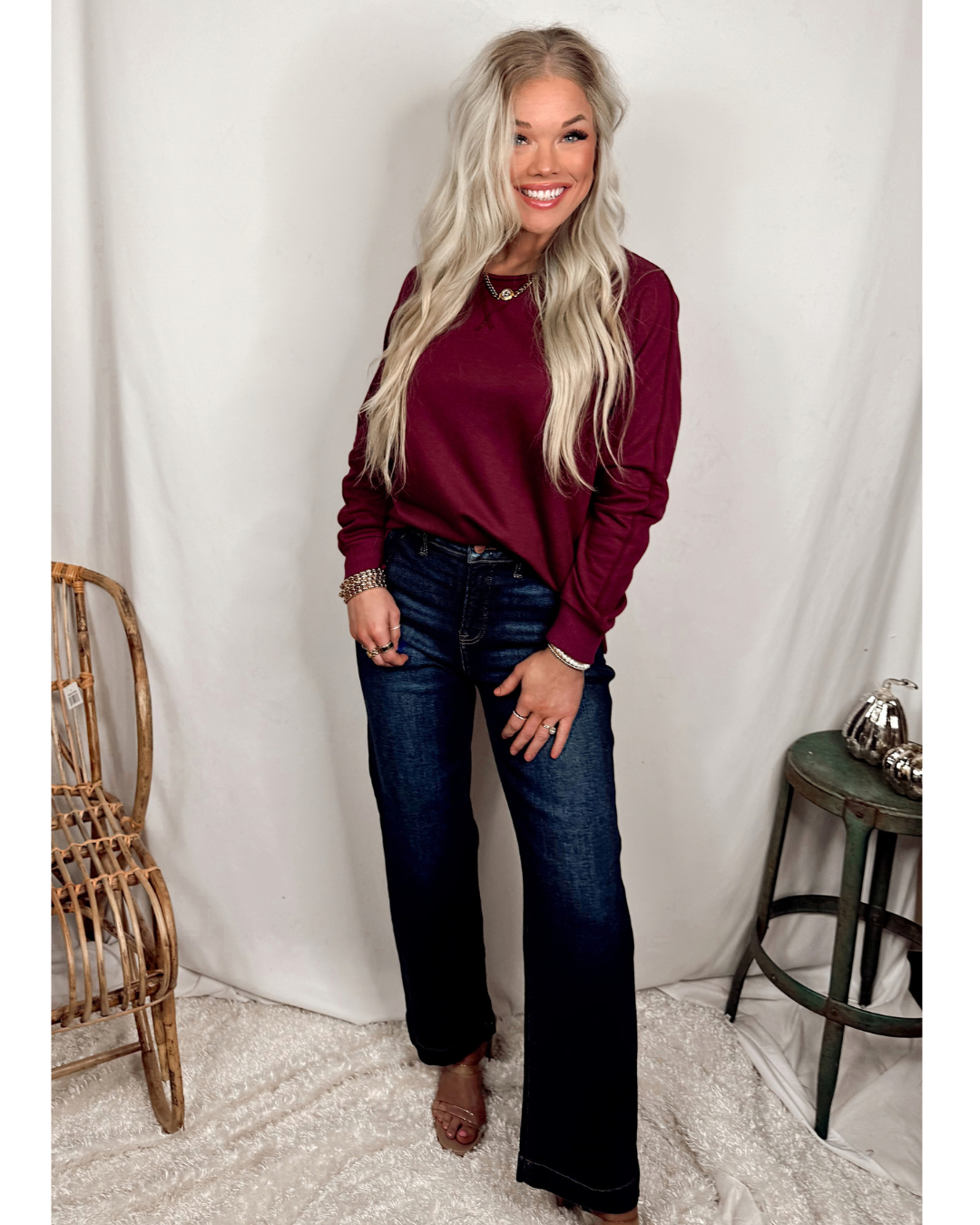 Cozy Season Long Sleeve Crew Neck Knit Pullover - Burgundy