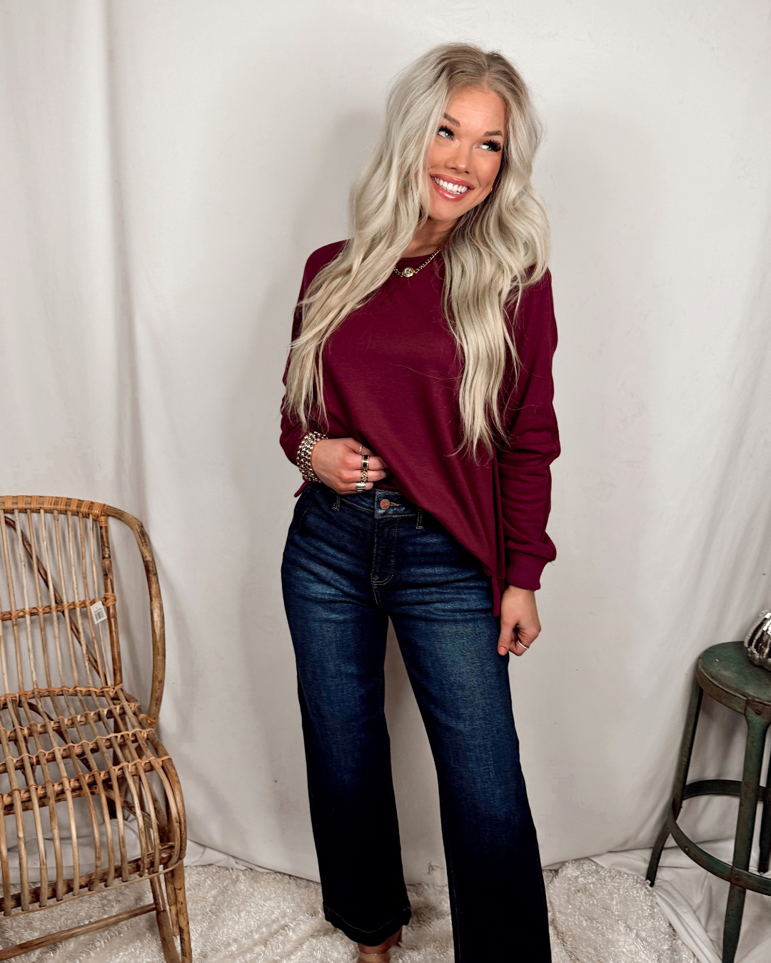 Cozy Season Long Sleeve Crew Neck Knit Pullover - Burgundy