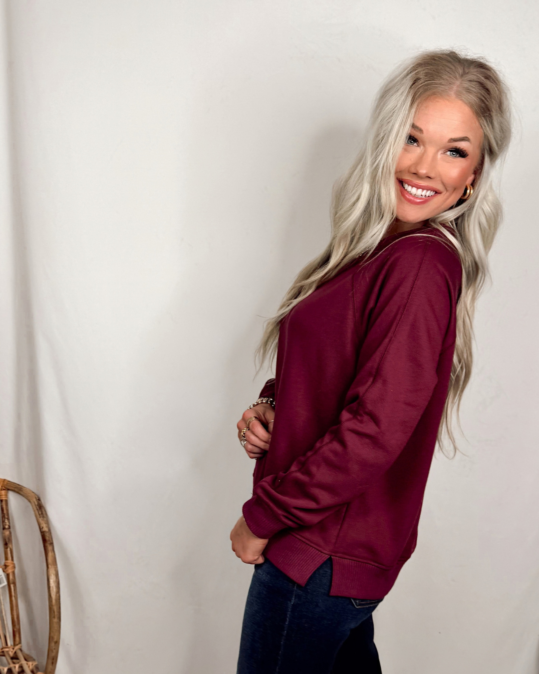 Cozy Season Long Sleeve Crew Neck Knit Pullover - Burgundy
