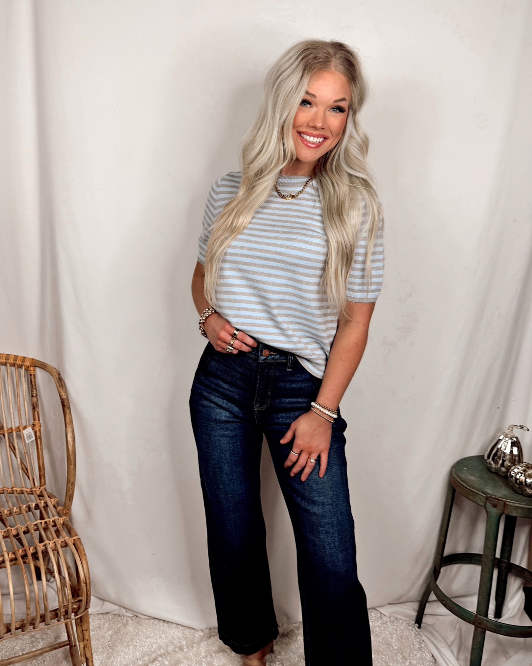 Simply Put Striped Lightweight Short Sleeve Knit Blouse - Gray/Light Blue