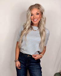 Simply Put Striped Lightweight Short Sleeve Knit Blouse - Gray/Light Blue