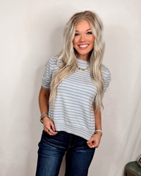 Simply Put Striped Lightweight Short Sleeve Knit Blouse - Gray/Light Blue