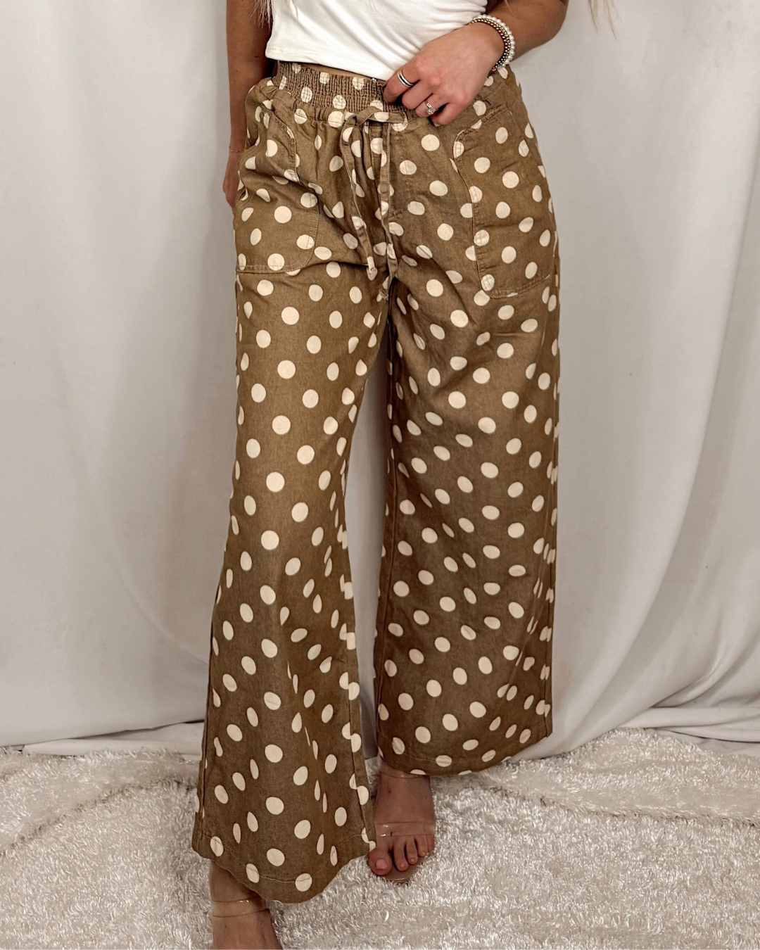 Relaxed Wide Leg Polka Dot Drawstring Pants