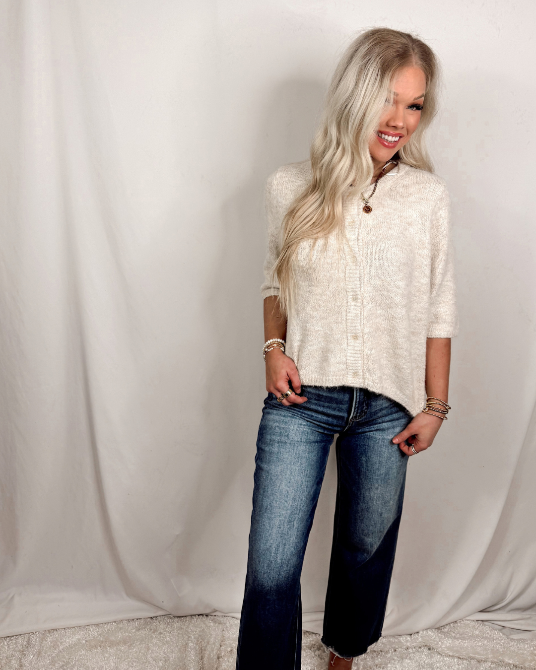 Penny Button Up Knit Sweater Top - Oatmeal