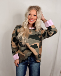 Called To Camo Contrast Long Sleeve Printed Sweater